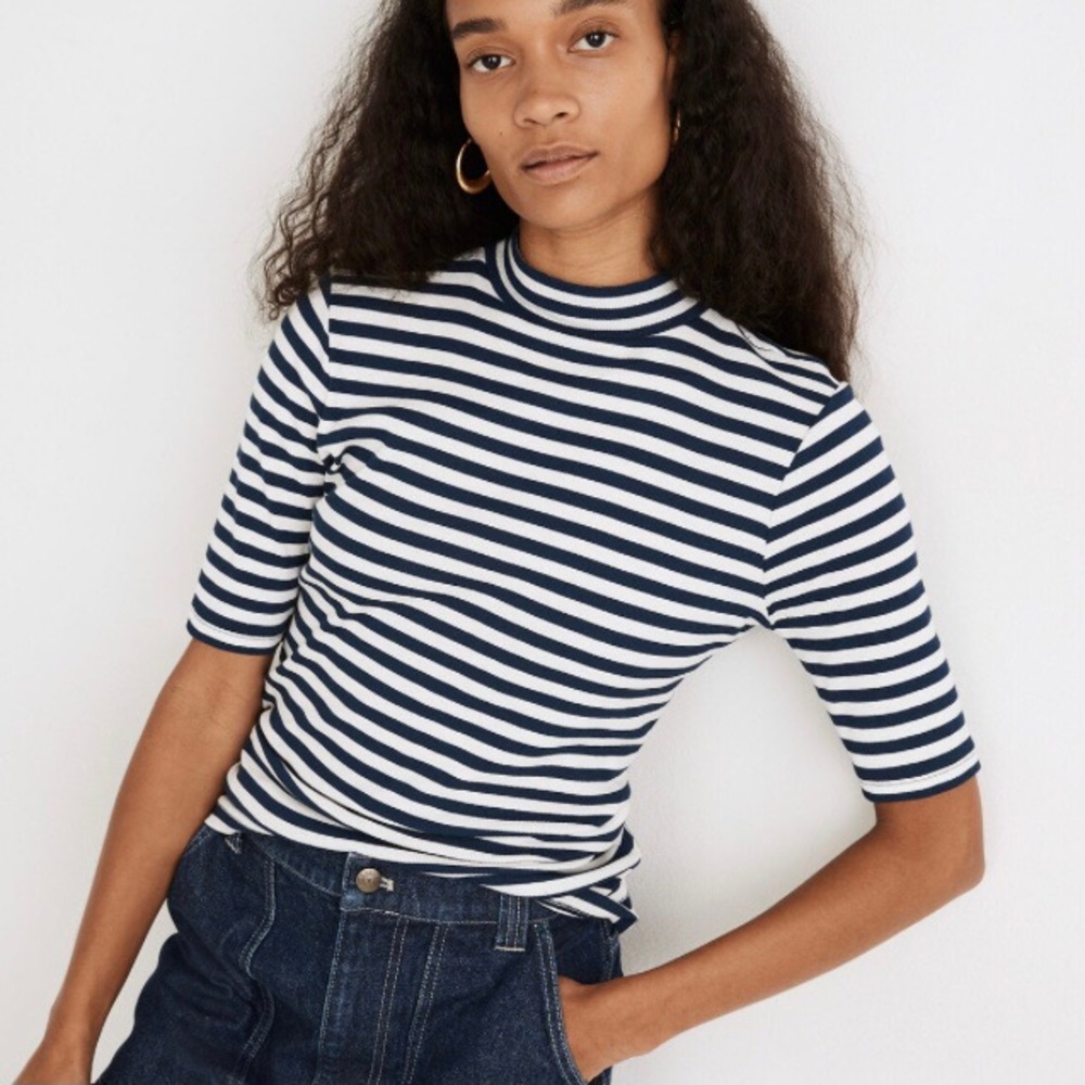 NWT Madewell Navy and White Striped Mock Neck Half Sleeve Tee Size Small